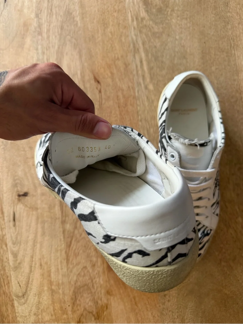 Saint Laurent Paris Zebra Print Lace-Up Sneakers in White and Black